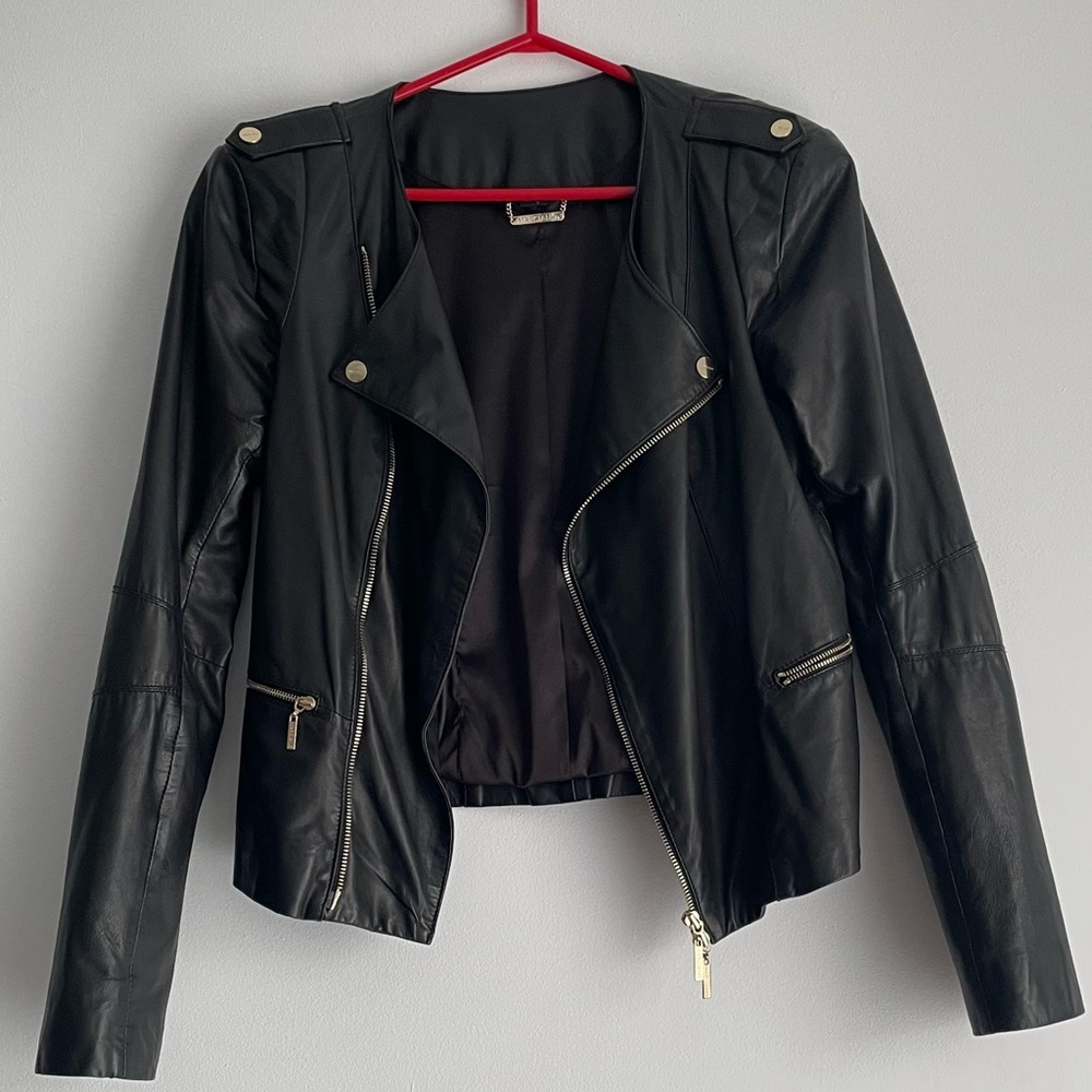 Marciano 100% Lambskin Leather Black Moto Jacket with Gold-Tone Hardware